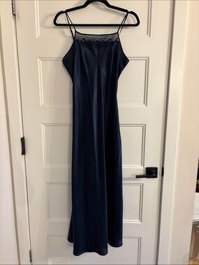 Satin Navy Slip Dress with Embroidered Sheer Yoke